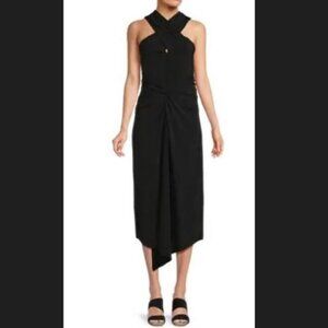 H By Halston Crossover Halter Midi Cocktail Dress Size Large Black NWT